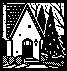 A cottage surrounded by trees, facing right.