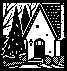 A cottage surrounded by trees, facing left.