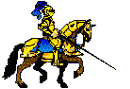 Animated gif of a knight dressed for jousting on horseback, facing right.