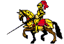 Animated gif of a knight dressed for jousting on horseback, facing left.