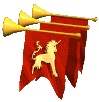 Animated gif of three trumpets adorned with waving medieval banners bearing a heraldic-style unicorn design; facing left.
